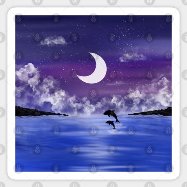 Night time seascape with jumping dolphins Sticker by Arch4Design